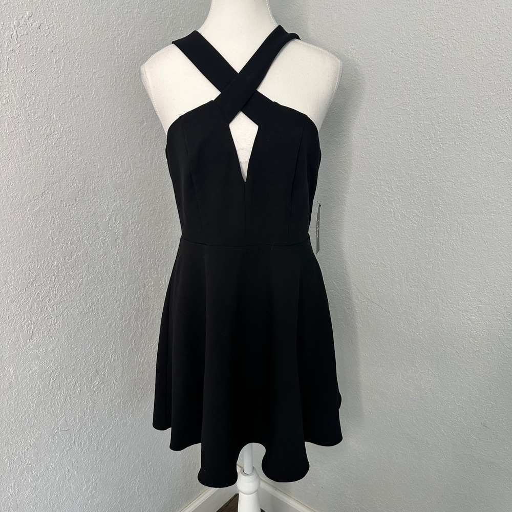 Lulus Norma Black Skater Criss Cross Cutout Fit Flare Mini Dress Women's Size Mβ